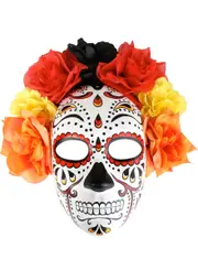 Sugar Skull Full Face Orange Masquerade Mask with Flowers