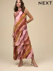 Pastel Pink And Orange Blurred Stripe Halter Tie Neck Layered Maxi Dress (AW4022) | $216