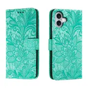 For iPhone 16 Plus Case, PU Leather Floral Lace Cover, Green