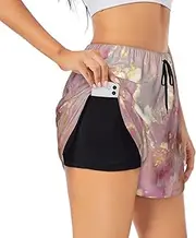 [WURTON] Red Marble Texture Print Exercise Gym Workout Shorts Women's Athletic Shorts Dual-Layered Yoga Running Shorts