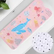PRATIQUE Ocean Bath Tub Mat with Suction Cups for Secure Grip Hooks for Storage & Drying (Pink)