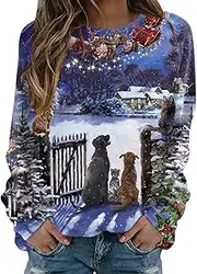 [Generic] Womens Daily Christmas Print O Neck Tops Three Quarter Sleeve Round Neck Tee Shirt Printed Flower Loose Side Split Blouse Tunic Womens Long Sleeve Button Down Shirt (b-Blue, XL)