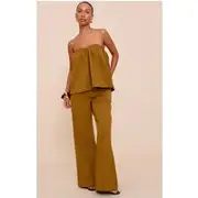Olive Cotton Woven Ruched Floaty Bandeau Top, Olive