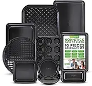 NutriChef 10-Piece Non-Stick Baking Pans Set - Deluxe Carbon Steel Bakeware Set w/Cookie Sheets, Muffin Pan, Roasting Pan, Cake Pan, Baking Tray, Pizza Pan - Easy to Clean, Black
