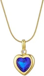 [Xiao Hua] handmade necklace pendant, suitable for both men and women, titanium steel heart pendant necklace, heart zircon necklace (gold+blue), 2.3*1.4cm/0.9*0.6in, Titanium steel+Zircon, natural