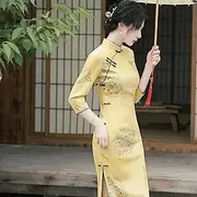 [JIMINISO] Chinese Traditional Improved Dress Long Sleeve Yellow Flower Printing Young Retro Cheongsam Vestidos Evening Dress Qipao