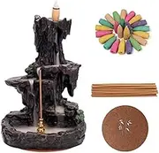 Resin Incense Burner Incense Holder Backflow Incense Holder Smoke Waterfall for Aromatherapy Ornament Home Decor with 120 Backflow Incense Cones, 60 Incense Sticks, 1 Piece of Mat
