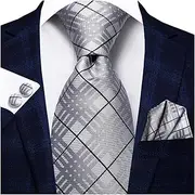 [VSOLS] Men's Blue Black Striped Tie 3.4" Tie Pocket Square Cufflinks Wedding Party Silk Tie Set (Color : SN-3359, Size : 59.06 * 3.35in)