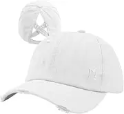 [LUCKYBUNNY] Women Distressed Ponytail Baseball Caps Adjustable Criss Cross Ponytail Hats High Messy Bun Ponycap Trucker Hat