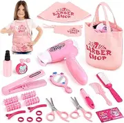 Sanlebi Hair Salon Toys for Girls, 25 Pcs Pretend Play Hair Styling Toy Set for Kids 3-6 with Hair Dryer, Barber Apron, Scissors and Stylist Accessories, Christmas & Birthday Gift for Boys and Girls