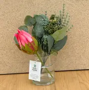 Artificial Flower Arrangement - Protea in Clear Glass Vase - Fuchsia 35cm