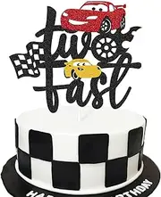 Two Fast Cake Topper Race Car 2nd Cake Decoration for Racing Car Checkered Flag Themed Kids Boy Girl 2 Years Old Happy Birthday Party Supplies Double Sided