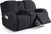 Ruaozz Stretch Loveseat Recliner Covers with Console 4-Pieces Recliner Sofa Covers with Pockets Jacquard Reclining Couch Covers Furniture Protector with Elastic Straps Bottom (2 Seater, Black)
