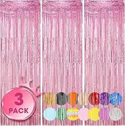 Voircoloria 3 Pack 3.3 x 8.2 ft Light Pink Foil Fringe Backdrop Curtains, Tinsel Streamers Birthday Party Decorations, Fringe Backdrop for Graduation, Baby Shower, Gender Reveal, Disco Party