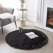 SERISSA Soft Round Faux Sheepskin Fur Area Rug Black Circular Shaggy Rug Round Fluffy Area Rugs Plush Circle Floor Carpet Mat for Bedroom Living Room Floor Decor, 3ft Diameter (Balck)