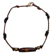 Anklet, Buffalo Bone Bead, 9", Knotted Cotton Cord, Brass and Glass Spacers