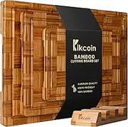 Kikcoin Extra Large Bamboo Cutting Boards, (Set of 3) Chopping Boards with Juice Groove Bamboo Wood Cutting Board Set Butcher Block for Kitchen, End Grain Serving Tray by