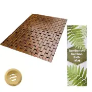 Bambonova Bamboo Bath Mat Brown 24 x 16 Inches and Soap Dish Set Bathroom Rug...