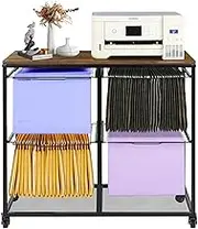 superbpag 2 Tier Rolling File Cart, Mobile Filing Cabinet with 4 Pull-Out File Folder Rack, File Cabinet on Lockable Wheels for A4/Printer/Letter/Legal Size, Rustic Brown and Black