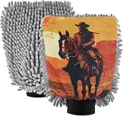 XYMZR Western Cowboy Sunset Absorbent Microfiber Car Wash Mitt, Funny Cute Anime Scratch Free for Cars Cleaning, Home Cleaning Mitts, 2 Pack, 10.24” L x 7.09” W