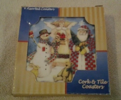 Set of 4 assorted Snowmen, Angels & Santa cork & ceramic tile coasters - NIB