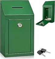 Metal Donation & Collection Box - Office Suggestion Box With Top Coin Slot and Lock - 2 Keys Included - Easy Wall Mounting or Counter Top Use (Green)