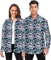 [GuoChe] Funky Skull Happy Halloween Blue Mens Button Up Shirts Long Sleeve for Women Business with Pockets X-Small