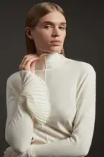 Wool and Alpaca Blend Knit Top With Pleated Silk Woven Cuffs