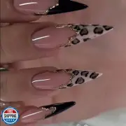 IMRAIN Press on Nails Long Stiletto Fake Nails Black Leopard Print French Nai