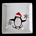 Crate & Barrel Holiday Penguin Appetizer Plates 6" Sq Set Of 4 White Ceramic NEW