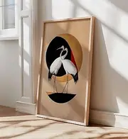 Japanese Wall Art Abstract Japandi Style Artwork Bird Illustration Art Circle Motive Poster Mid Century Interior Decor Painting
