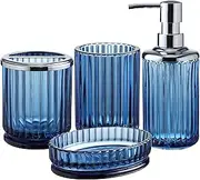 4PCs Heavy Weight Decent Blue Glass Bathroom Accessories Set with Decorative Pressed Pattern - Includes Hand Soap Dispenser & Tumbler & Soap Dish & Toothbrush Holder (Cobalt Blue)