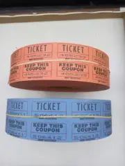 2 Rolls Raffle / 50/50 Tickets Double Stubbed Orange & Blue 7" Rolls