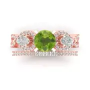 2 Round Cut Pear 3stone Natural Peridot Promise Bridal Band set 14k Rose Gold
