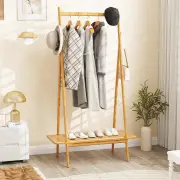 CostwayBamboo Clothes Rack with Hanging Rod Rattan Shelf and 5 Copper Hooks-Natural