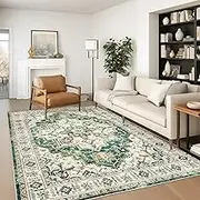 6x9 Area Rugs, Machine Washable Rugs for Living Room, Bedroom,Stain Resistant Vintage Large Area Rug,Non-Slip Medallion Pattern Home Decor Rugs (Green,6'x9')