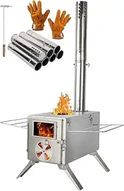 SOPPY Hot Tent Stove for Camping, 304 Stainless Steel Wood Burning Stove with 7 Chimney Pipe,Silver