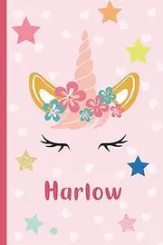 Harlow: Personalized Unicorn Flower Handwriting Notebook For Girls With Pink Name, Handwriting Practice Paper for Kids with bumper dotted Line Notebook