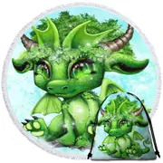 Cute Fantasy Creature Green Leaf Lil Dragon Round Beach Towel