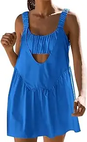 JMEDIC Women's Tennis Dress, Athletic Dress Built-in Bra and Shorts Pockets, Sleeveless Tennis Dress Workout Sets for Women, Workout Athletic Dresses Two Piece Blue