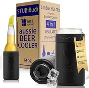 OAKMANN Stubby Holder, Beer Cooler, Bottle Opener, STUBiBudi 375ml Can Coolers 4 in 1 Stubby Cooler for Cans Bottles, Beer Gifts for Men, Stainless Steel Insulated Bottle Holder (Black)