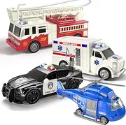 JUKUDAHU 4 Pack Rescuing Vehicle Toy Playset for Kids 3 4 5 6 7 8 Years Old - Helicopter, Police Car, Fire Truck, Toy Ambulance, Friction Powered Car Toys for Boys Girls Toddlers 2-3, Birthday Gifts