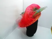 EXQUISITE HANDMADE RED STRAW FASCINATOR WITH LARGE OSTRICH FEATHER & CRYSTALS