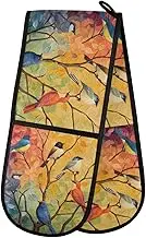 Quteprint Colorful Tree Bird Art Painting Washable Double Oven Mitts, Heat Resistant Quilted Kitchen Oven Gloves Extra Long Potholder 7" x 35" for Cooking Baking Microwave Grilling Barbecue