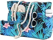 [Kasqo] Beach Bag for Women, Large Water Resistant Swim Pool Bag Sandproof Lightweight Summer Tote Bags Zipper Shoulder Bags with Small Pouch for Travel Shopping Camping