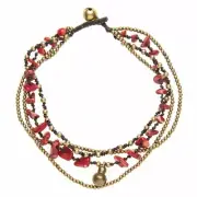 Ankle Bracelet Gold Brass Red Coral Bead Multistrand Bell Cord - 81stgeneration