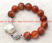14mm Red Striped Agate Gemstone Beads & White Keshi Baroque Pearl Bracelet 7.5"