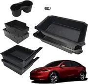 Double Layer Center Console Organizer 5PCS for Tesla Model Y 2021-2024 Model 3 2017-2023, TPE Under Seat Storage Box, Cup Holder, Camera Cover Compatible with Tesla Model 3/Y Accessories, Black