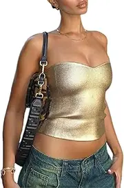 [Generic] Women's Metallic Silver Tube Top Strapless Crop Top Sexy Sleeveless Knit Bandeau Top Bustier Concert Outfit