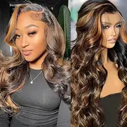 IFTIME Highlight Lace Front Wig Human Hair Wavy Ombre Light Brown Human Hair Wigs for Women 13x4 Transparent Lace Wig 180%D